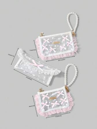 Kawaii 1 pieza Bolsa de cosméticos transparente de PVC con decoración de perla, lazo y encaje, organizador para monedas, auriculares y lápiz labial, regalo para viajes