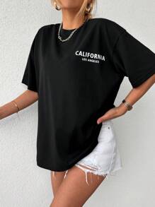 EURMUSE Cotton Picture & Letter Graphic Drop Shoulder Tee - Black - View 2