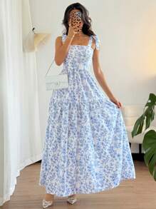 Chiquease French Elegant Pleated Flounce Floral Print Long Dress, Sleeveless V-Neck Ruffled Dress, Summer New Ladies Light Blue Gown Blue And White Floral Dress Long Dress Summer Blue And White Dress Women Women Vacation Dress