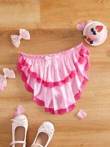 粉色双层蛋糕边，撞色，荷叶边花卉蕾丝花边，蝴蝶结装饰，超大荷叶边后背，卡哇伊可爱洛丽塔风格女式内裤