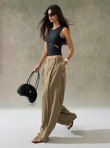 LYSMO 女士竖条纹宽松百褶夏季休闲裤