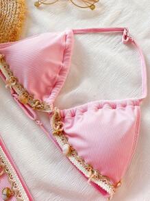 Traje de baño para adolescentes - Tela acanalada rosa con decoraciones de accesorios con criaturas acuáticas, conjunto de ropa de baño