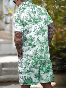 Manfinity RSRT Conjunto informal de camisa de manga corta con estampado de plantas y pantalones cortos para vacaciones de hombre