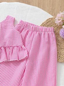 SHEIN Elladie kids 2件套年轻女孩休闲条纹背心和裤子套装，夏季儿童女孩服装套装女孩服装女孩服装11岁年轻女孩服装两件套夏装幼儿服装年轻女孩套装 - 粉色 - 查看 4