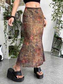 SHEIN x PRISCILA & JIMENA ROMWE PUNK 頹廢搖滾花和佩斯利圖案木耳邊網紗覆蓋魚尾短裙