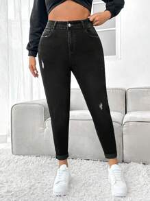 Firerie Blugi din denim casual cu dimensiuni mari, cu nasturi în față, cu buzunare multiple