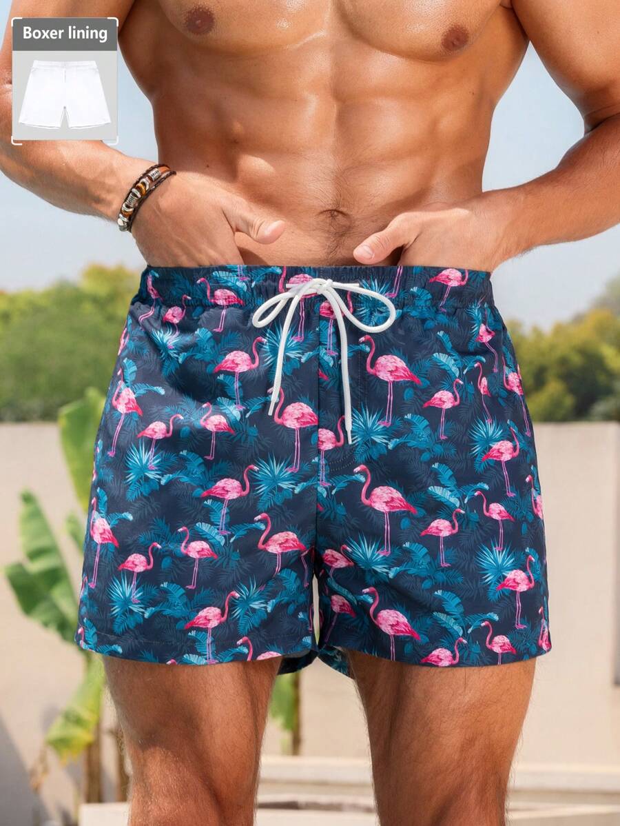 Manfinity Swimmode Plus Size Men's Tropical Print Beach Shorts Flamingo Men Swim Trunks Pink Flamingo Swim Shorts Men