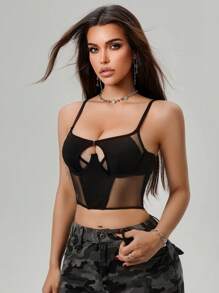 3/4 罩杯钢圈文胸，带钢圈，前开合，网眼拼接，镂空，低胸领口，提升和增强，可作为外穿，塑形，女士内衣文胸 - 黑色 - 查看 4