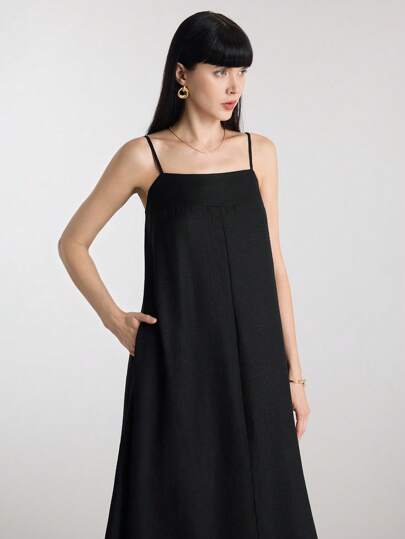 Ontre 2026春夏新款女士长裙，适合上学、情人节、度假、婚礼宾客、商务休闲、复古优雅百搭、基础款服装、纳什维尔服饰、简约纯色长款吊带连衣裙、黑色A字连衣裙、细肩带、简约时尚都市风、都市通勤、女士优雅正式连衣裙