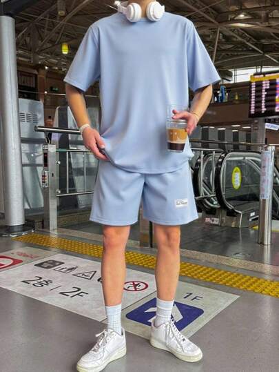 SHEIN 2pcs Teen Boys' Casual Loose Comfortable Logo Decor Short Sleeve Top And Shorts Set, Spring Summer