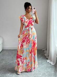 Elenzga 多色荷叶边袖V领度假A字收腰优雅浪漫女式连衣裙 - 彩色 - 查看 5
