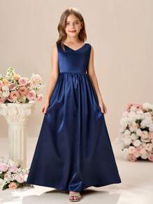 SHEIN 青少年女孩 V 领修身纯色连衣裙 - 藏蓝色 - 查看 2