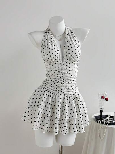 Elamini Vestido mini ajustado con cuello en V profundo y espalda descubierta con estampado de lunares negros y blancos y volantes en el bajo, elegante, romántico, bohemio, sexy y casual, versátil vestido de verano para mujer