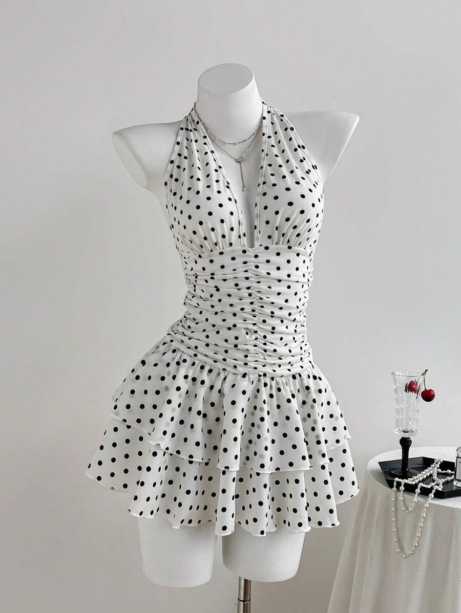 Elamini 黑白波尔卡圆点深 V 领露背紧身迷你连衣裙，荷叶边下摆，优雅浪漫波西米亚风性感休闲日常百搭夏季女装 - 白色 - 查看 1