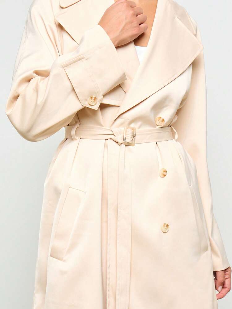 AiiRZ Satin Trench Coat Belted Double Breasted Spring Fall Fashion Outerwear Elegant Long Sleeve Lapel Collar Classic