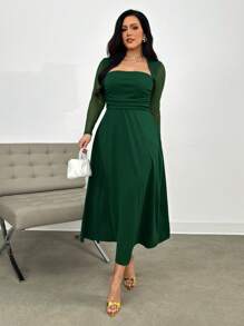 SHEIN Privé Vestido largo de corte evasé sin mangas talla grande para mujer, vestido verde de cuello alto, ajustado con ribete de volantes y abertura lateral, para otoño y vuelta al colegio