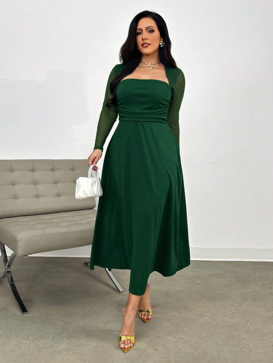 SHEIN Privé Vestido largo de corte evasé sin mangas talla grande para mujer, vestido verde de cuello alto, ajustado con ribete de volantes y abertura lateral, para otoño y vuelta al colegio