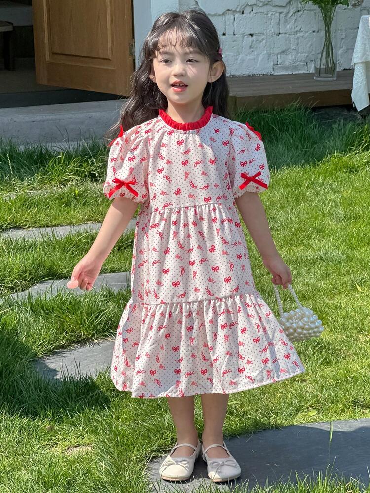 Young Girls' Round Neck Full Print Bowknot Sweet Mid-Length Dress,Girls Summer Outfits