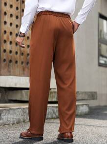 Manfinity Mode Slim Fit Men's Burgundy Pleated Straight Leg Suit Pants With Pockets - Brown - View 3