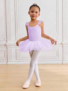 SHEIN Young Girls Lightweight Purple Sleeveless Ballet Dance Leotard With Lace Ruffle Sleeves, Girls Ballet Dance Bodysuit Fall Winter