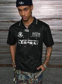 AXEPEAK 男士字母印花短袖休闲 Polo 衫，夏季，街头风 - 黑色 - 查看 4