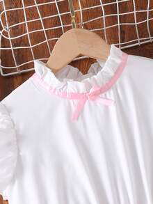 女童加大时尚盖袖衬衫搭配蝴蝶结拼接褶皱设计连体裤 - 彩色 - 查看 6