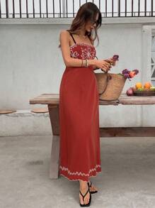 SHEIN Frenchy Women's Floral Embroidered Casual Spaghetti Strap Mid-Length Dress, Summer Holiday Christmas Beach - Redwood - View 5