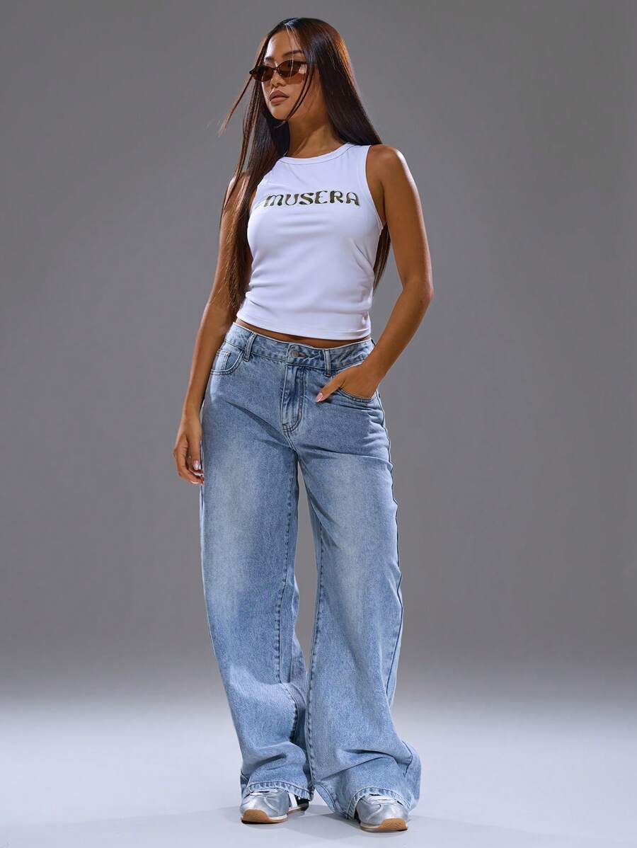 MUSERA 拼接口袋直筒牛仔裤，春夏皆宜，街头风，Y2K风格，酷女孩，都市风，适合7月4日独立日、日常休闲、秋季、返校季、办公室工作等各种场合。 - 藍色 - 查看 1