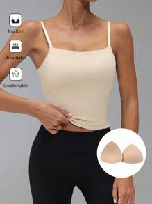 SHEIN Tall Women's Solid Color Simple Casual Camisole With Padded Bust - Beige - View 2