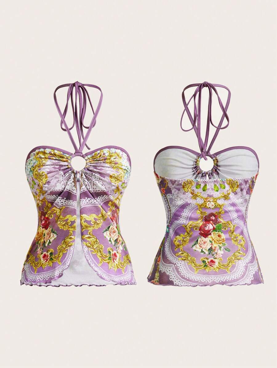 SHEIN ICON Women's Floral Print Pleated Halter Neck Camisole Top - Purple - View 1