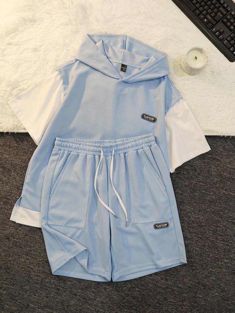 Manfinity Hypemode Men's Letter Print Hoodie Short Sleeve T-Shirt And Drawstring Waist Shorts Set, Casual