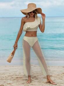 Women's Ivory Beach Vacation Ruffled Shoulder Bikini Set With Pants For Summer - Beige - View 3