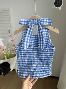 Tween Girls' Plaid Print Front Button Halter Top, Summer - Blue - View 2