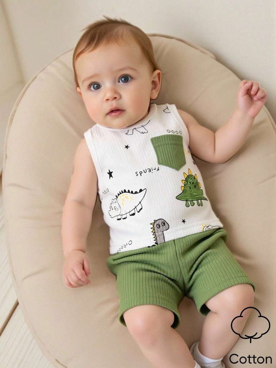 SHEIN Bộ 2 món/Bộ quần áo mùa hè cho bé trai sơ sinh, áo ba lỗ in hình khủng long hoạt hình + quần short cạp chun, trang phục cotton mềm mại thoải mái đơn giản dễ thương, thích hợp cho hoạt động ngoài trời, từ 0-9 tháng tuổi - màu xanh lá - Xem 1