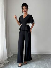 Elenzga Bộ 2 món áo sơ mi bó eo màu trơn thanh lịch và quần ống đứng - màu đen - Xem 5