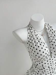 Elamini 黑白波尔卡圆点深 V 领露背紧身迷你连衣裙，荷叶边下摆，优雅浪漫波西米亚风性感休闲日常百搭夏季女装 - 白色 - 查看 5