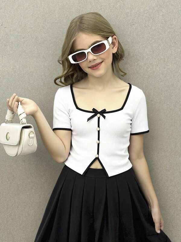 Tween Girl Knitted Metallic Button & Sequin Bow Accent Fitted Short Sleeve T-Shirt, Round Neck, For Summer Vacation