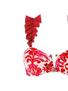 Swim Oasis 3件套夏季度假蓝白印花花卉装饰V领金属装饰女士比基尼套装和沙滩装 - 紅色 - 查看 4