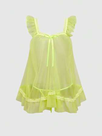 Kawaii Kawaii süßes luftiges transparentes Kleid, Mesh-Spitzen-Patchwork-Schleife Mini-Kleid, sexy Tüll-Kleid Set