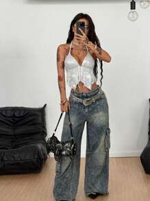 Coolane Áo hở vai sequin cổ điển Y2K của Câu lạc bộ Phụ nữ Sexy Concert Music Festival - trắng - Xem 3