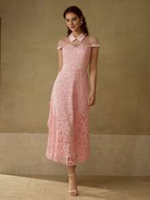 MOTF PREMIUM Vestido de gasa con escote de encaje guipur, detalles con lazo de cristales y bajo fluido - Rosa - Ver 4