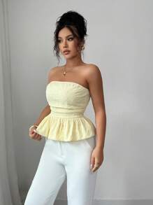 Rafferiza 时尚百搭雏菊纹理面料春夏浅黄色无袖抹胸泡泡褶双层下摆女士短款上衣奶油黄上衣女士优雅上衣可爱夏季上衣夏季服装秋季内搭 - 黃色 - 查看 6