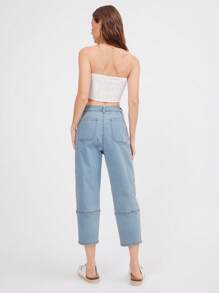 WESTFADE High Rise Utility Seaming Cropped Barrel Leg Cotton Blend Denim Jeans Summer Nashville Western Cowgirl Rodeos - Light Wash - View 2