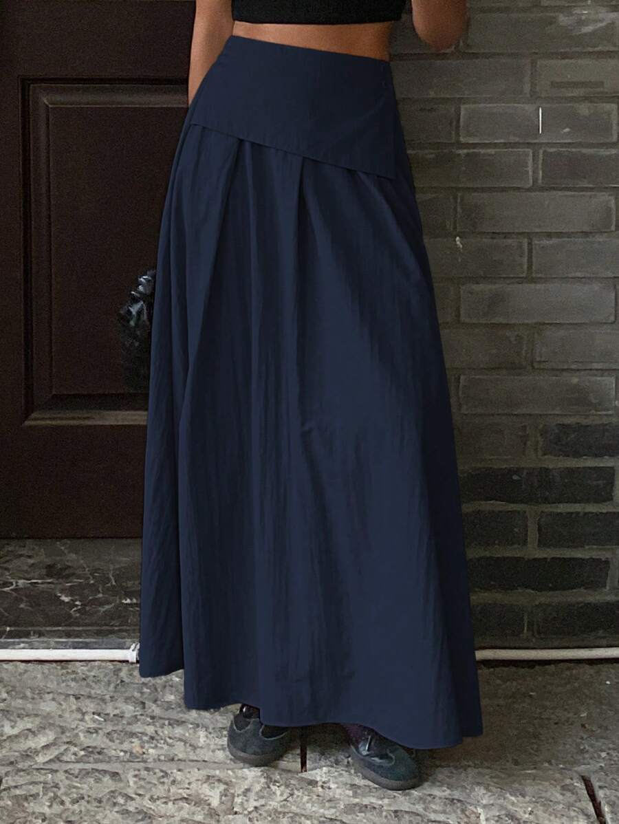 Livesso 女士休闲宽松A字半身裙，纯色，街头风，秋季款 - 藏蓝色 - 查看 1