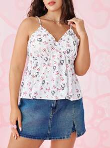 HELLO KITTY AND FRIENDS | SHEIN Plus Size Women Summer Y2K Clean Fit Casual Rave Festival Vacation Retro Vintage Cartoon Casual Cute Funny Loose White Pink Cartoon Floral Pattern High Waisted Ruffles Folds Cami Top - White - View 3
