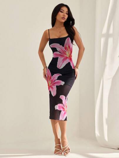 SHEIN PETITE 女士网眼印花+里料吊带连衣裙浪漫大花朵图案夏日度假旅行