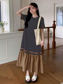 DAZY 女士夏季休闲拼色拼接连衣裙，教师装 - 棕色 - 查看 4