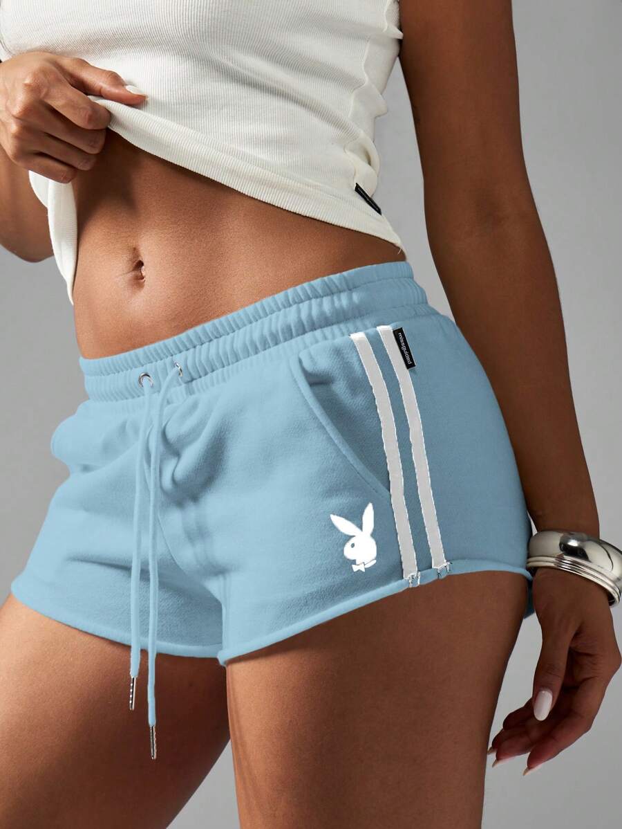 Missguided x Playboy Quần short chạy bộ rút dây Quần chạy bộ vải nỉ French Terry cạp cao Quần áo thể thao mùa hè Đua xe - Màu xanh nhạt - Xem 1