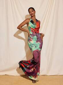 TIYA Summer Vacation Floral Print Colorful Halter Cowl Neck Tie Neck Backless Mermaid Maxi Dress