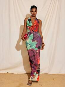 TIYA Summer Vacation Floral Print Colorful Halter Cowl Neck Tie Neck Backless Mermaid Maxi Dress